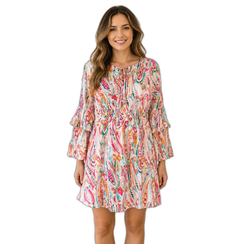 Kate & Lily Boho Paisley Dress Ruffle Sleeve Tie Neck Fit Flare Size 4